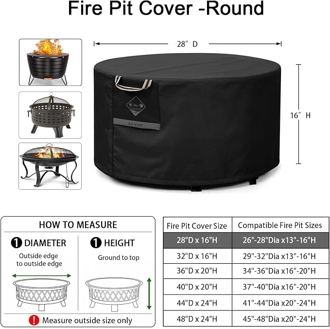 QH.HOME Fire Pit Cover Round Super Waterproof, 28" D X 16" H Outdoor Round Firepit Cover 600D Strong Tear Resistant, UPF 50+ Fire Pit Covers Premium Fading Resistant for Outdoor Fire Pit - Black