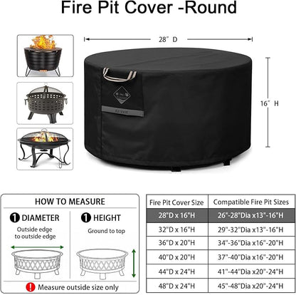 QH.HOME Fire Pit Cover Round Super Waterproof, 28" D X 16" H Outdoor Round Firepit Cover 600D Strong Tear Resistant, UPF 50+ Fire Pit Covers Premium Fading Resistant for Outdoor Fire Pit - Black