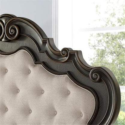 BOWERY HILL 6-Piece Queen Panel Wood Bedroom Set, Multi-Step Molasses Finish, Hardwood Solids and Veneers, Button-Tufted Headboard, Antique-Style Drawer Pulls, Traditional Design Furniture Set for