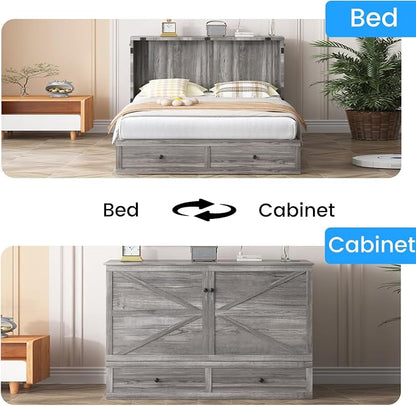 PUREMIND Queen Murphy Bed with Mattress Included, Multi-Functional Hideaway Cabinet Bed with Storage Drawer, USB Charging Port and Folding Bedside Panel, Space Saving Chest Beds Wallbed for Guest Room