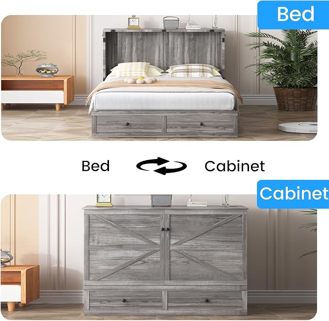 PUREMIND Queen Murphy Bed Cabinet with Storage Drawers, Bedroom Cabinet Beds with USB Charging Station, Murphy Chest Bed with Storage Drawers, Horizontal Wallbed for Guest Room, No Mattress