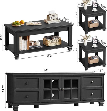 SAVOR LIFE Farmhouse TV Stand and Coffee Table Set 4, Rustic Wood Living Room Table Set with TV Console, Center Table, End Table Set of 2 for Living Room, Black