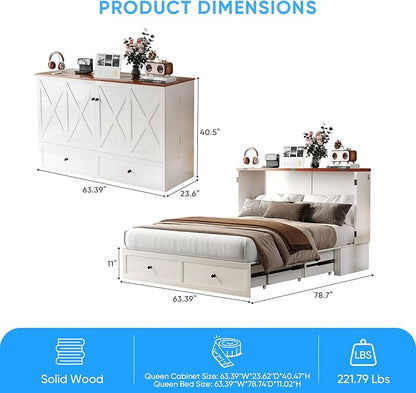 Mjkone Queen Murphy Bed with Tri-Fold Mattress, USB Charging Station & 2 Storage Drawers, Hidden Folding Chest Cabinet Bed, Space Saving Wall Beds for Bedroom Guest Room Living Room-White