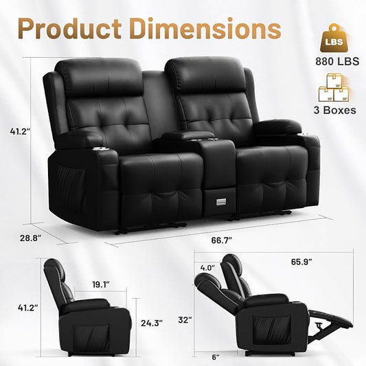 Loveseat Recliner Sofa, Home Theater Seating with Massage, Reclining Loveseats with Console, Wall Hugger RV Couch Movie Theater Chairs, RV Furniture Sofas with USB, Cup Holders, Drawer for Gaming Room