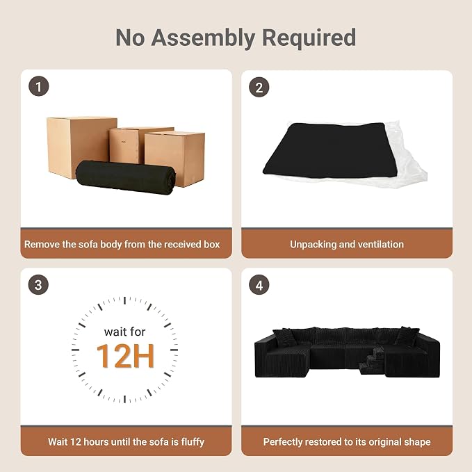 128" U-Shaped Boneless Couch, Modern Sectional Modular Couch with Double Chaise, Deep Seat Boneless Couches for Living Room Bedroom, No Assembly Required, Blck