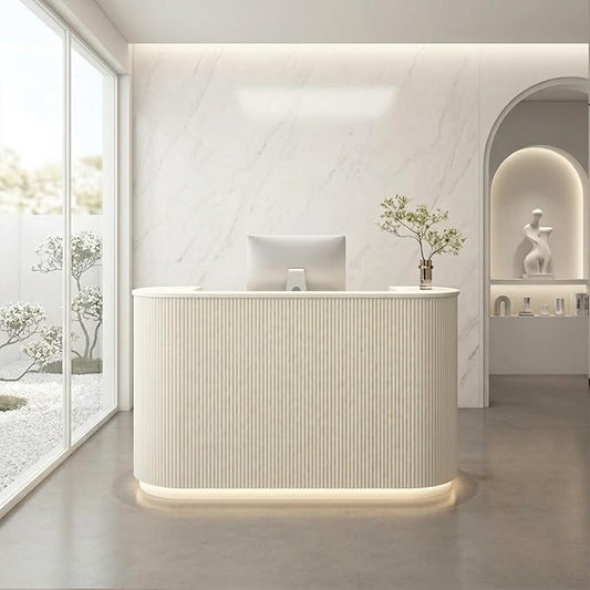 Modern Reception Desk Check Out Counter Front Desk for Spa Salon Office | Power Outlet Lockable Cabinet Keyboard Tray Privacy Panel Cable Grommet Open Storage Storage Cabinet