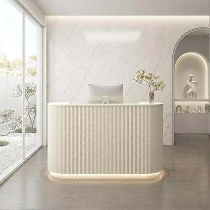 Modern Reception Desk Check Out Counter Front Desk for Spa Salon Office | Power Outlet Lockable Cabinet Keyboard Tray Privacy Panel Cable Grommet Open Storage Storage Cabinet