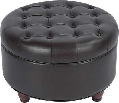 HomePop 25" Button Tufted Round Storage Ottoman - Distressed Brown Faux Leather