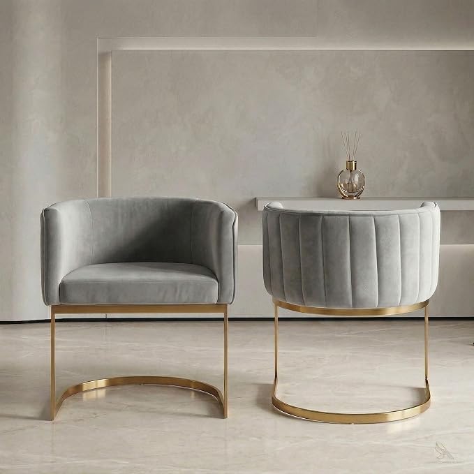 Hyfirm Gray and Gold Modern Barrel Dining Chairs Set of 2, Velvet Upholstered Accent Chairs with Curved Back for Kitchen Island, Luxury Comfort Seating Cantilever Metal Frame