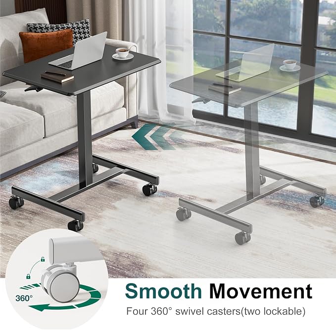DUMOS Mobile Small Standing Desk, Portable Rolling Laptop Desk with 2 Lockable Wheels, Adjustable Height Computer Workstation for Home Office, 19 Inch Black