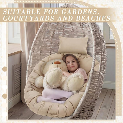 Tudomro Beige Egg Chair Cushion Hanging Basket Chair Replacement 45x45 Hammock Basket Swing Waterproof Cushion Hanging Swing Pads with Headrest for Indoor Outdoor Porch Backyard Patio Garden