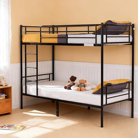 Karl home Metal Bunk Bed Twin Over Twin with Built-in Ladder, Black | Heavy Duty Bunkbeds with Safety Guardrail and Space-Saving Design,Twin Bunk Beds for Kids, Teens & Adults, No Box Spring