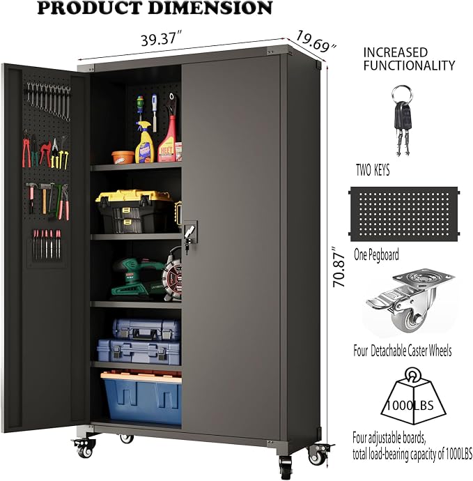 Upgraded Wide & Deep Metal Garage Storage Cabinet with Wheels & Pegboards, 4 Adjustable Shelves, Heavy Duty Lockable Metal Storage Tool Cabinet with Pegboards for Warehouse, Basement, Office, Gym