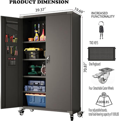 Upgraded Wide & Deep Metal Garage Storage Cabinet with Wheels & Pegboards, 4 Adjustable Shelves, Heavy Duty Lockable Metal Storage Tool Cabinet with Pegboards for Warehouse, Basement, Office, Gym