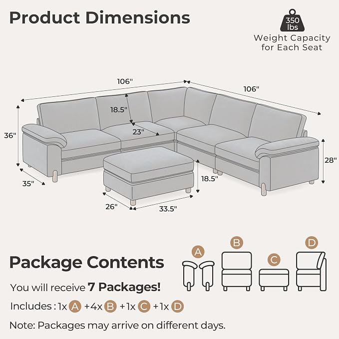 SITJOY Large Cloud Couch, 106" Wide 5 Seater V Shape, Chenille in Navy Blue | Detachable and Washable Chenille Cover Sectional Sofas for Living Room, Deep Seat Wide Couch with Chaise, Storage Ottoman