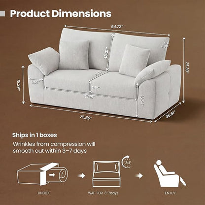 75.6" Boneless Loveseat Sofa, Polyester Fabric 2-Seater Couch with 4 Pillows, No Assembly Required, Soft High Density Foam Cushion, Rectangular Track Arm Sofa for Living Room Bedroom Apartment (Beige)