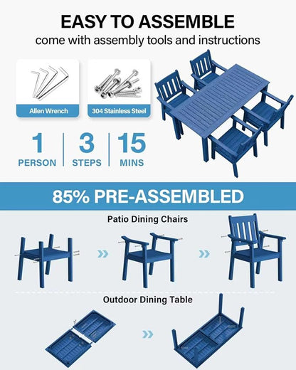 YEFU HIPS Patio Table Set: 5 Piece Outdoor Table and Chairs Dining Furniture Set with Umbrella Hole - Blue Modern Plastic Dining Sets 4 Person for Outside Deck with Metal Aluminum Frame