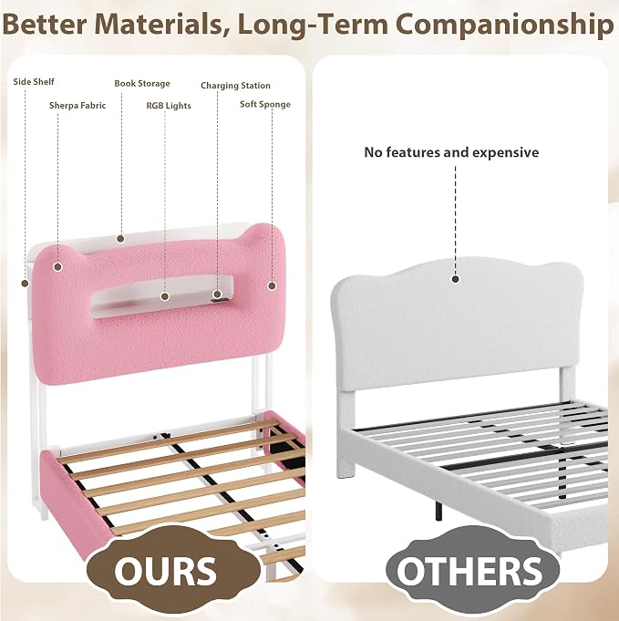 GarveeHome Led Twin Bed Frame for Kids with Drawer, Upholstered Sturdy Platform Bed with Storage Headboard and Charging Station, Noise Free, Easy Assemble, for Girls/Boys, Pink
