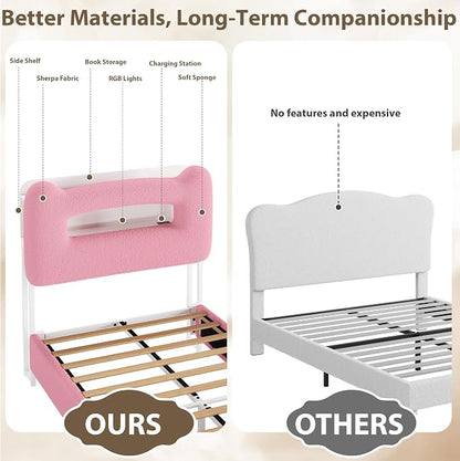 GarveeHome Led Twin Bed Frame for Kids with Drawer, Upholstered Sturdy Platform Bed with Storage Headboard and Charging Station, Noise Free, Easy Assemble, for Girls/Boys, Pink