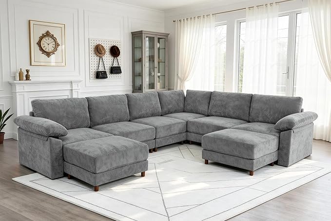 Oversized L Shaped Sectional Couch for Living Room, Extra Large Deep Seat Modular Sectional Sofa with Washable Covers, Modern Cloud Couch for Apartment, Bedroom (Light Gray, U Shape 8 Seat)