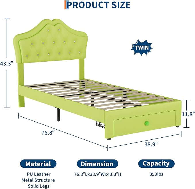 Twin Size Bed Frame for Girls with Storage Drawers & LED Lights, Upholstered Platform Bed, Velvet Crystal Button Princess Bed, Noise-Free Slats, No Box Spring Needed for Kids, Teens, Avocado Green