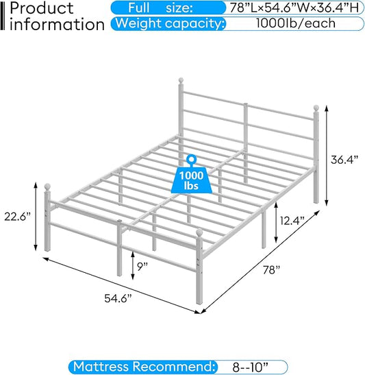 Full Size Bed Frame with Headboard - Metal Platform Bed with LED Lights, Charging Station, Under Bed Storage and Heavy Duty Steel Slats Support - No Box Spring Needed, Easy Assembly, White