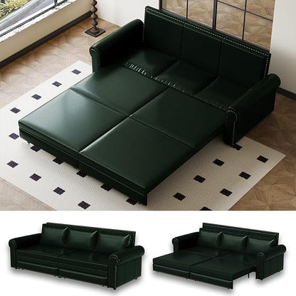 93.7" King Size Sleeper Sofa Bed, Pull Out Sofa Bed, Faux Leather Upholstery, 3 in 1 Convertible Sleeper Couch, Chaise Lounge, Retro Recliner for Living Room, Office, Apartment, Green