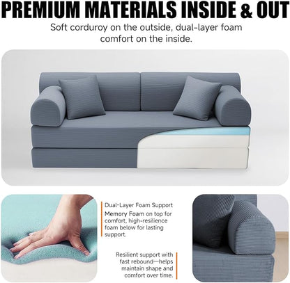 78.8" Boneless Memory Foam Couch, Corduroy Convertible Floor Sofa Bed, Fold-Out Sleeper Futon Loveseat, Wide Armrests & Supportive Back, 1200 lb, Couch in a Box, 2 Pillows, Dark Grey