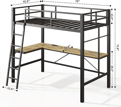 Cryrature Twin Size Loft Bed with L-Shaped Desk & Charging Station,Heavy Duty Metal Twin Loft Bed Frame with Safety Guardrail & Ladders, No Box Spring Needed,Black