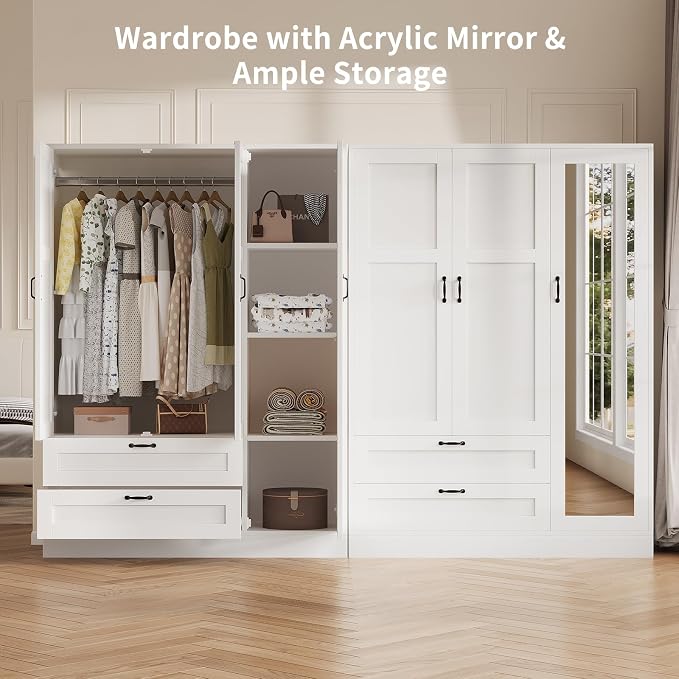 Yanosaku 5-in-1 Armoire Wardrobe Closet with Full Length Acrylic Mirror & 2 Drawers, Tall Narrow Armoire with Adjustable Shelf, Small Space Freestanding Storage Cabinet for Bedroom, White