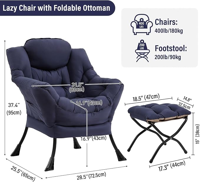 Furlide Lazy Chair with Ottoman, Modern Accent Chairs with Folding Footrest, Navy Blue Sofa Chair Set, Comfortable Reading Chairs, Oversized Armchairs for Bedroom, Study, Living Room, Courtyard