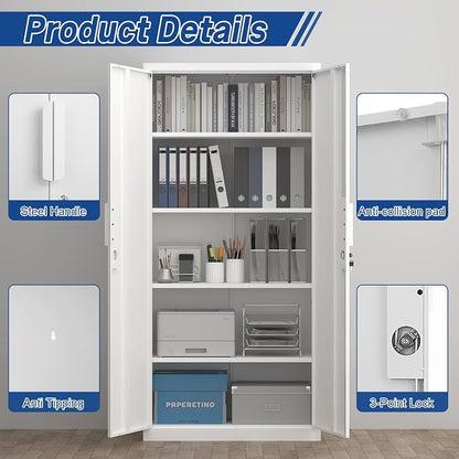 Metal Garage Storage Cabinets with Lock, 72" H White Storage Cabinet with Doors and Adjustable Shelves, Lockable File Cabinet, Steel Tool Cabinets for Home, Office, Garage, Shop, School