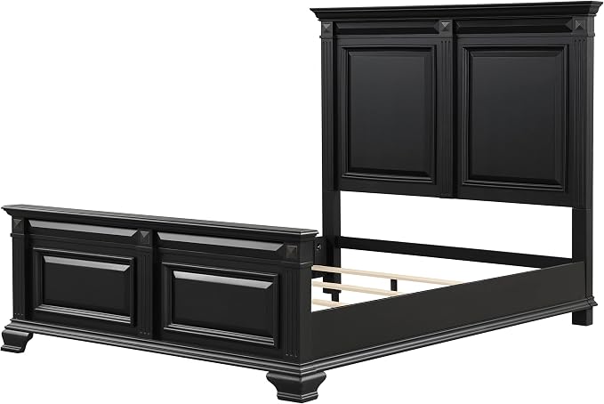 Roundhill Furniture Renova Vintage Black Wood Bedroom Set, Queen Panel Bed, Dresser, Mirror, Two Nightstands, Chest