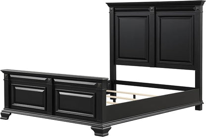 Roundhill Furniture Renova Vintage Black Wood Bedroom Set, Queen Panel Bed, Dresser, Mirror, Two Nightstands