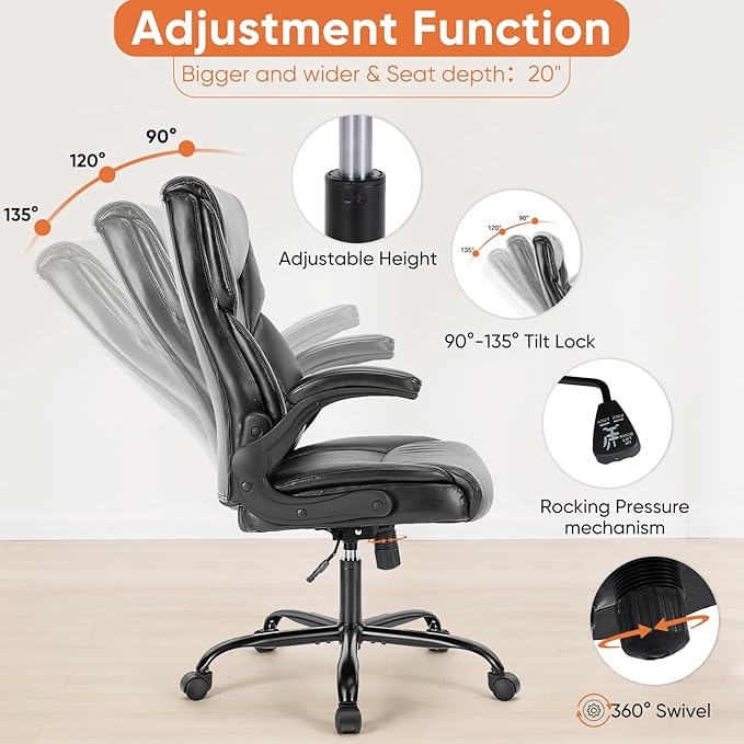 Sweetcrispy Ergonomic Computer Gaming Office Chair Set of 2, Heavy Duty Task Desk Swivel Rolling Chairs with Wheels, Flip-up Arms, Adjustable Height, PU Leather,Inky