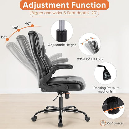 Sweetcrispy Ergonomic Computer Gaming Office Chair Set of 2, Heavy Duty Task Desk Swivel Rolling Chairs with Wheels, Flip-up Arms, Adjustable Height, PU Leather,Inky