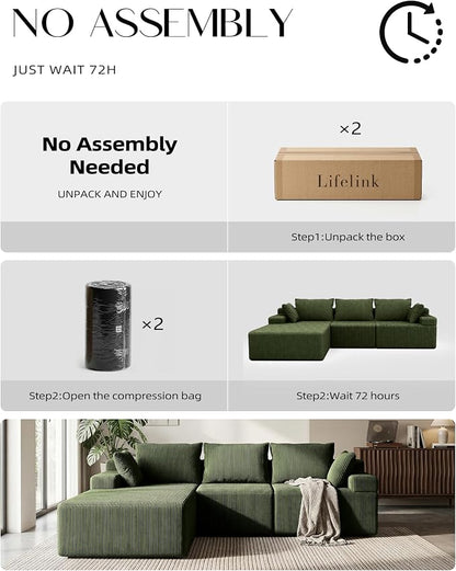 Lifelink 108" Boneless Couch L-Shaped - Modular Sectional Couches for Living Room Cloud Sofa with Deep Seat High Back Oversized Left Facing Chaise No Assembly Required