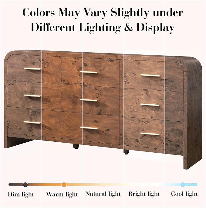 Curved 9 Drawer Dresser for Bedroom, 63'' Wide Chest of Drawers, Farmhouse Storage Cabinet for Hallway & Living Room TV Stand, FSC Certified 1.18" Thick Board, 100 lbs Top Weight, Dark Burl