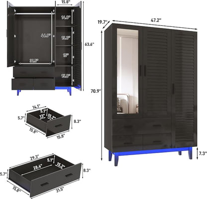 jiteentarou 3 Door Armoire Wardrobe Closet Cabinet with Drawers and LED Lights, Multi-Tier Shelves, Hanging Rod & 3 Louver Doors, Large Capacity Storage Wardrobe Armoire for Bedroom(3 Doors Black)