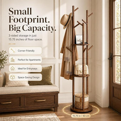 Solid Wood Rotating Coat Rack Freestanding, 360° Coat Tree with 3 Shelves & 9 Hooks, Heavy Duty Rubberwood Coat Hanger Stand, Hat Rack Hall Tree for Entryway Bedroom Office Hallway, Walnut