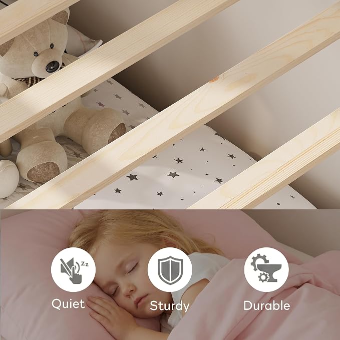 Bunk Bed Twin Over Twin, Convertible Wood Bunk Beds with 2 Storage Drawers, Solid Wood Slats, Widened Guardrail, Sturdy Ladders, No Box Spring Needed, Pink