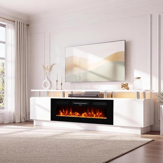 90" TV Stand for Living Room, Large Entertainment Center & Media Console, Fits TVs up to 100", Storage Cabinet with Shelves, 50" Electric Fireplace, White & Black