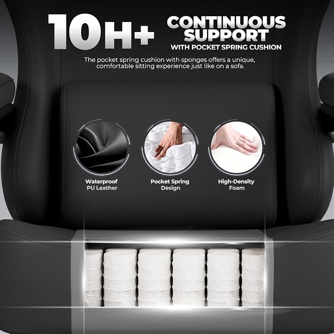 GTPLAYER Gaming Chair with Pocket Spring Cushion, Big and Tall Gamings Chairs 350LBS High Back Computer Chair with Footrest for Adults Lumbar Support Swivel Game Chair for Office, Leather Black