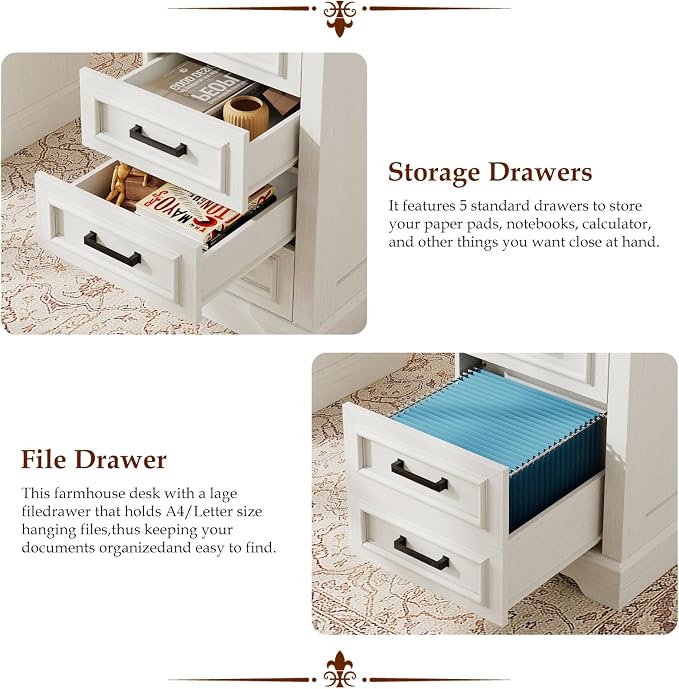 58" Executive Desk with 7 Drawers, Large Computer Desk with Charging Station , Wood Home Office Desk with File Drawer for Letter/A4 Size Hanging Files for Home Office,Rustic White and Rustic Black