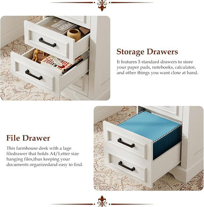 58" Executive Desk with 7 Drawers, Large Computer Desk with Charging Station , Wood Home Office Desk with File Drawer for Letter/A4 Size Hanging Files for Home Office,Rustic White and Rustic Black