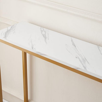 loglus Console Table for Entryway, Faux Marble MDF Indoors Sofa Table with Golden Frame for Small Rooms, Double Layer, White Marble, 9.45" D x 38.19" W x 29.72" H