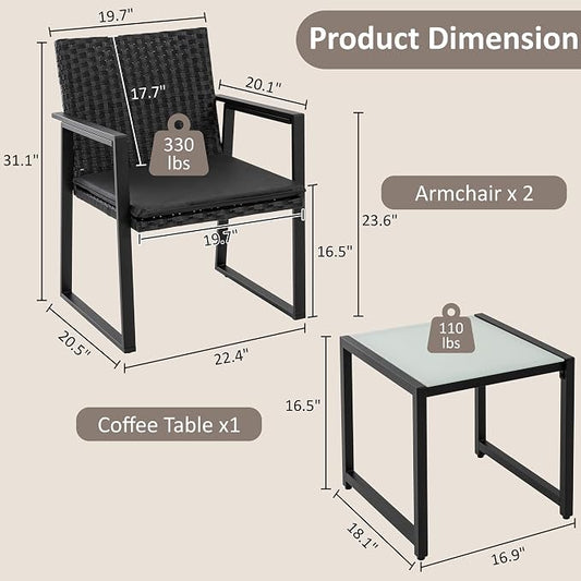 Shintenchi 3 Pieces Wicker Patio Bistro Sets, Rattan Patio Conversation Set with Coffee Table, Outdoor Wicker Furniture Set for Lawn, Garden, Balcony (Black)