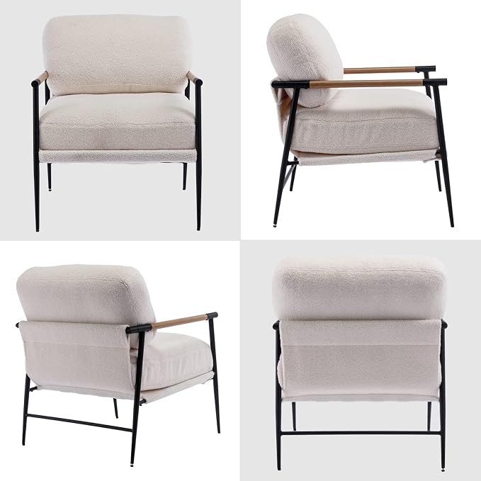 DUOMAY Mid-Century Modern Accent Chair, Comfy Sherpa Sofa Lounge Chair Reading Corner Chair for Living Room Bedroom Office, Mid-Back Arm Chair with Black Metal Leg, White