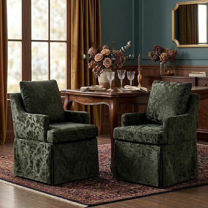 UVV Upholstered Dining Chairs, Modern Jacquard Kitchen Chair Dining Room Chair with 4 Casters, Linen Armchair for Bedroom Reading Room Living Room, Dark Green