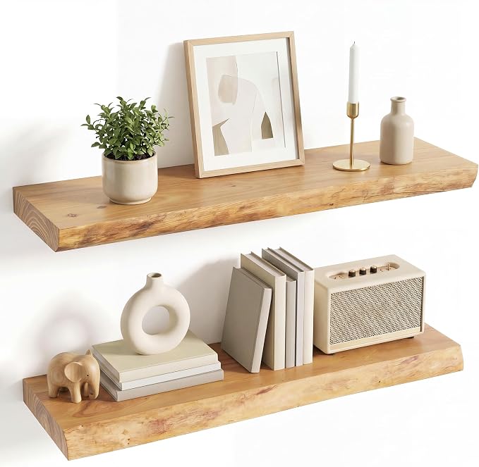 Venusmiles Live Edge Elm Floating Shelves for Wall Decor, Rustic Solid Wood Shevles Wall Mounted with Invisible Bracket for Living Room Bathroom Bedroom Kitchen, 30 Inch Set of 2, Natural